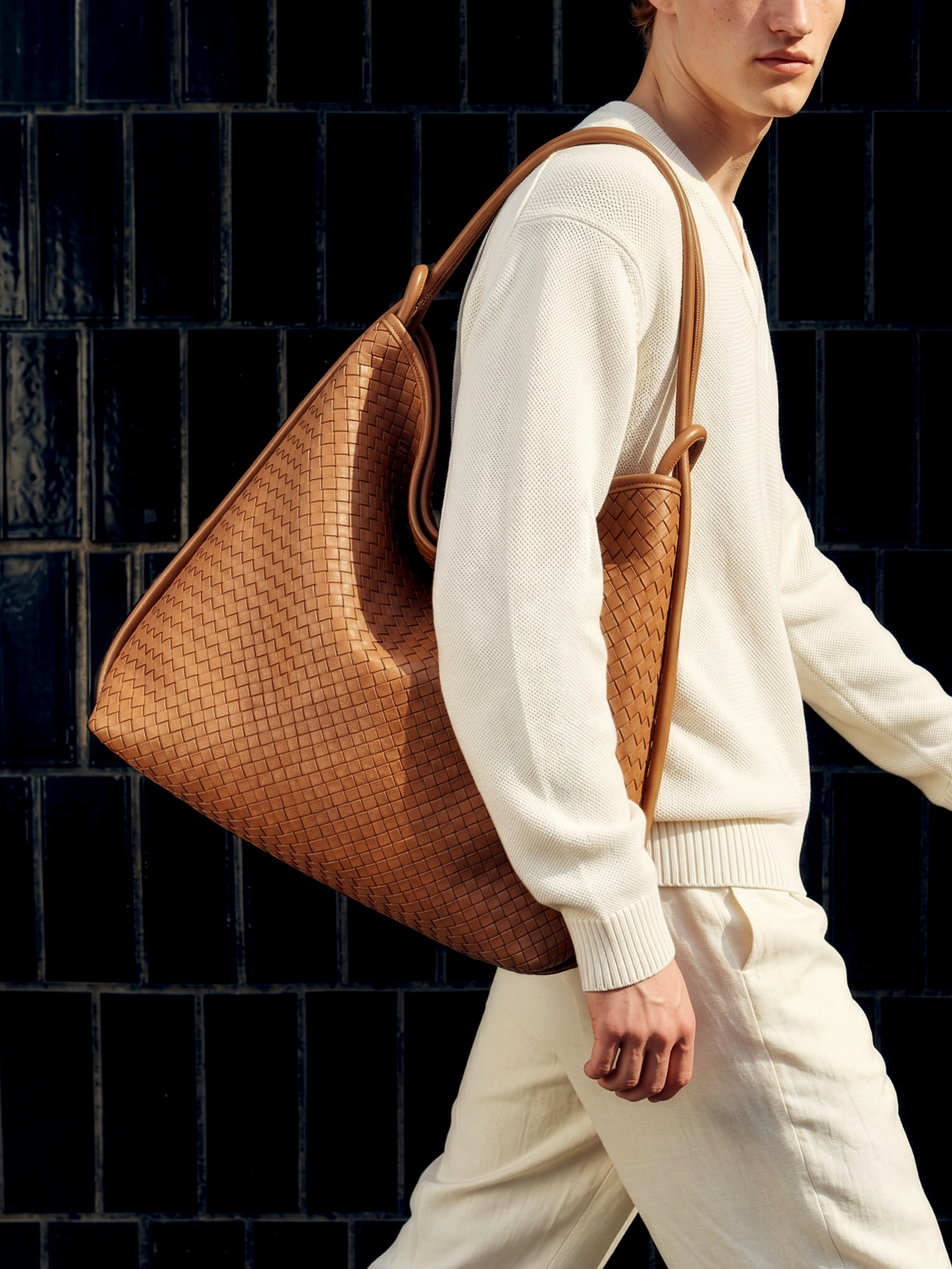 Versa Large Tan Brown Woven Convertible Leather Tote