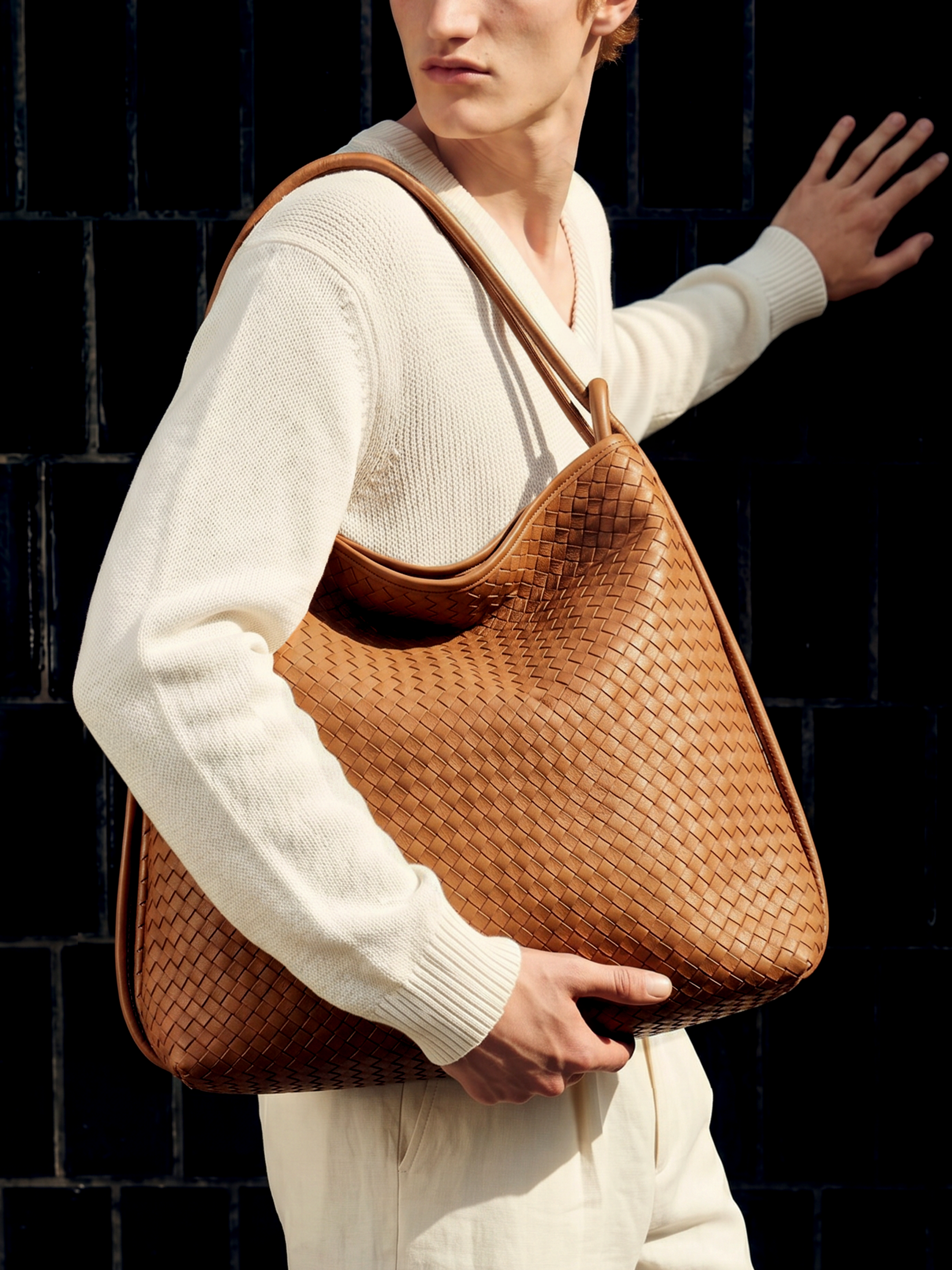 Versa Large Tan Brown Woven Convertible Leather Tote