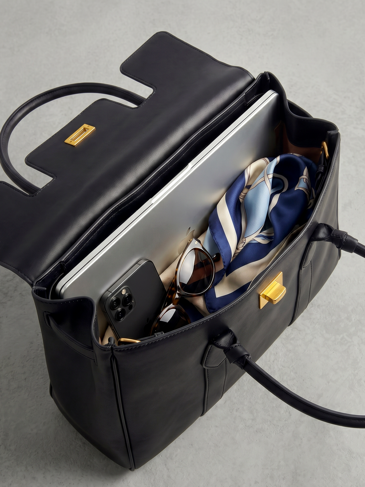Domus Black Leather Top Handle Bag