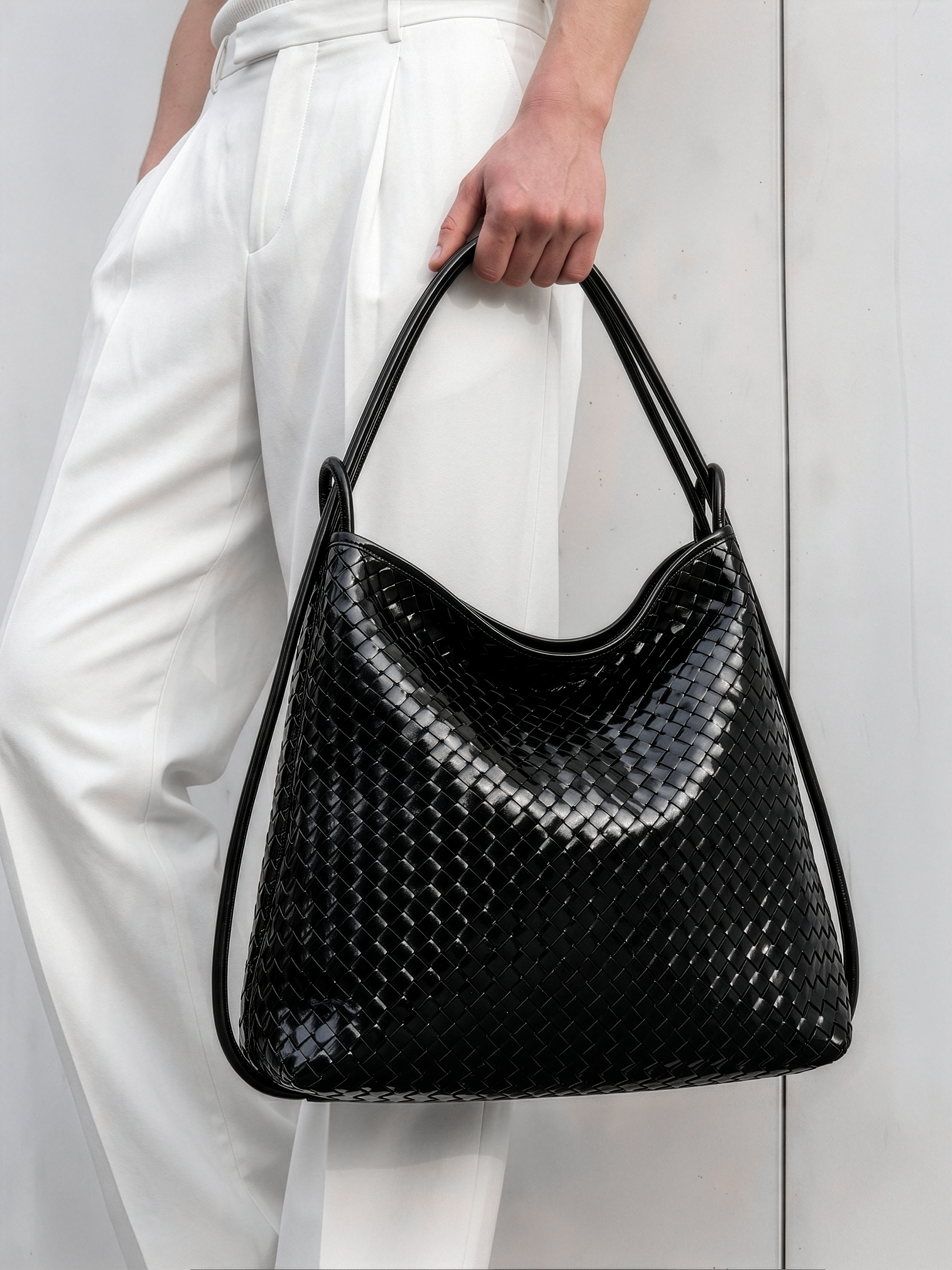 Versa Black Woven Convertible Leather Tote