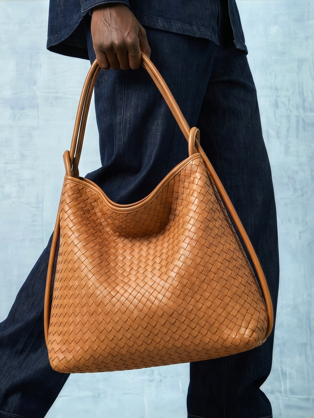 Versa Tan Brown Woven Convertible Leather Tote