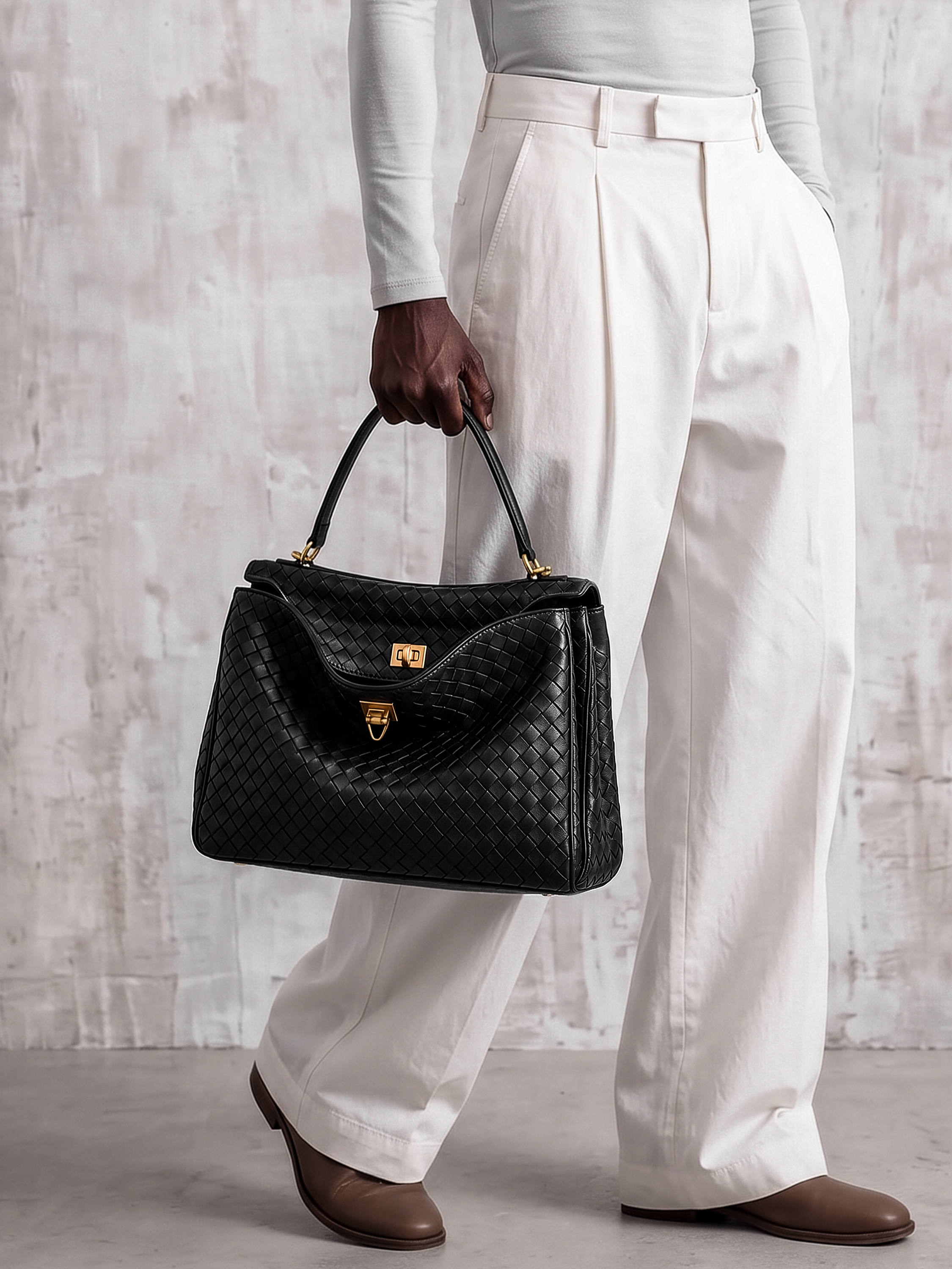 Soluta Black Woven Leather Top Handle Bag