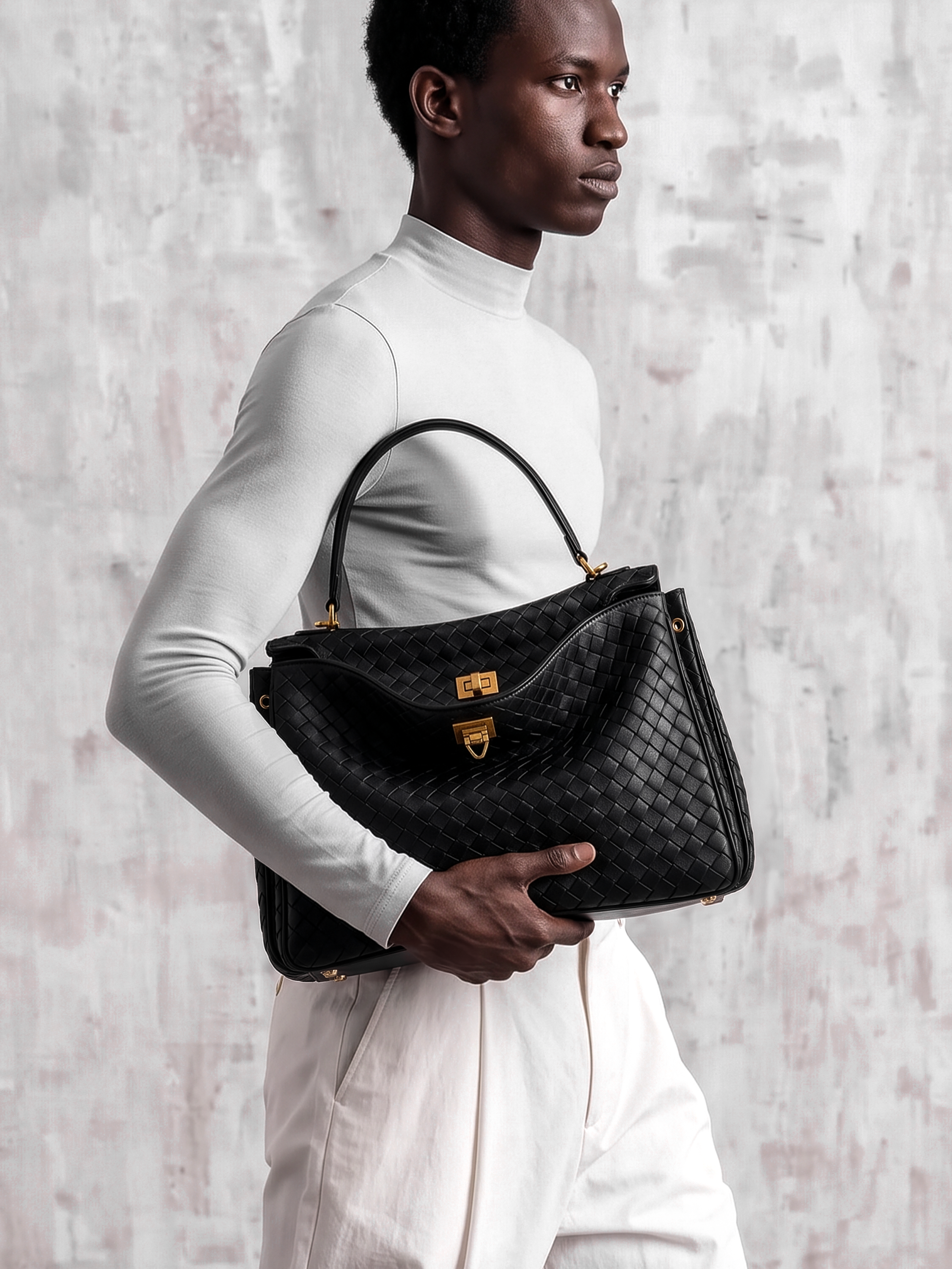 Soluta Black Woven Leather Top Handle Bag