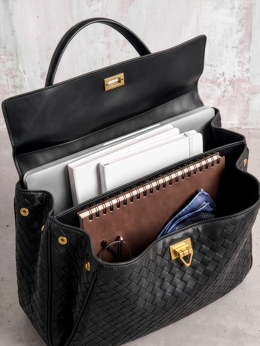 Soluta Black Woven Leather Top Handle Bag