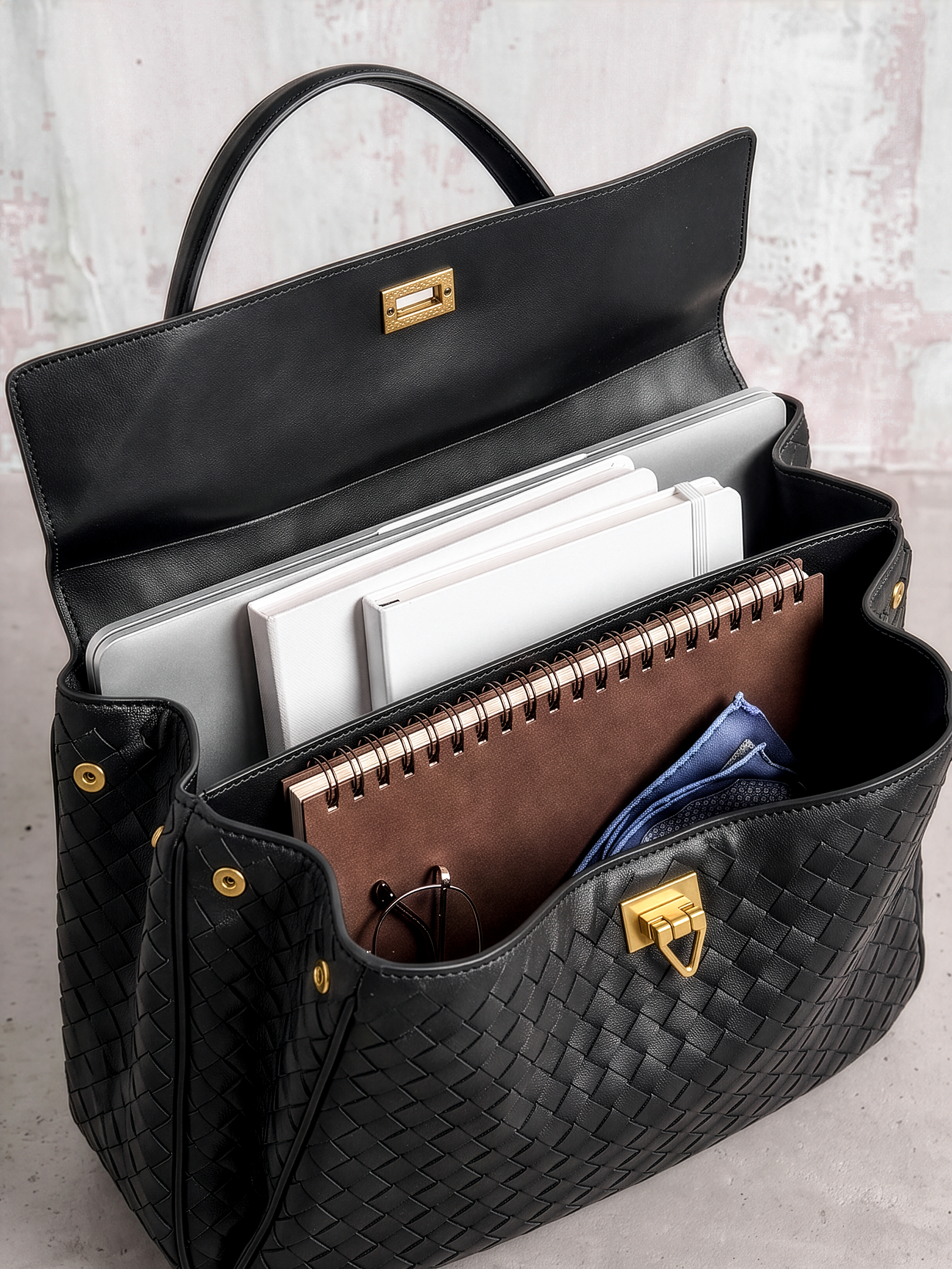 Soluta Black Woven Leather Top Handle Bag