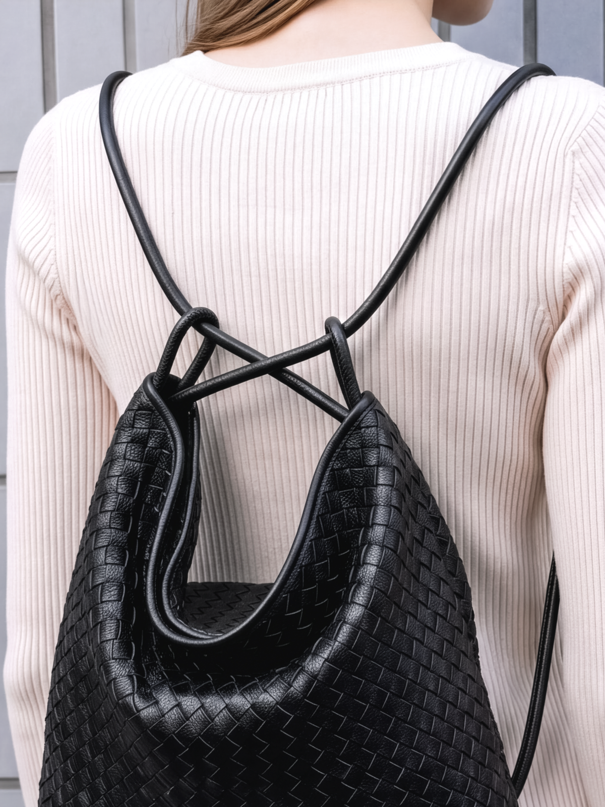 Mini Versa Matte Black Woven Convertible Leather Tote
