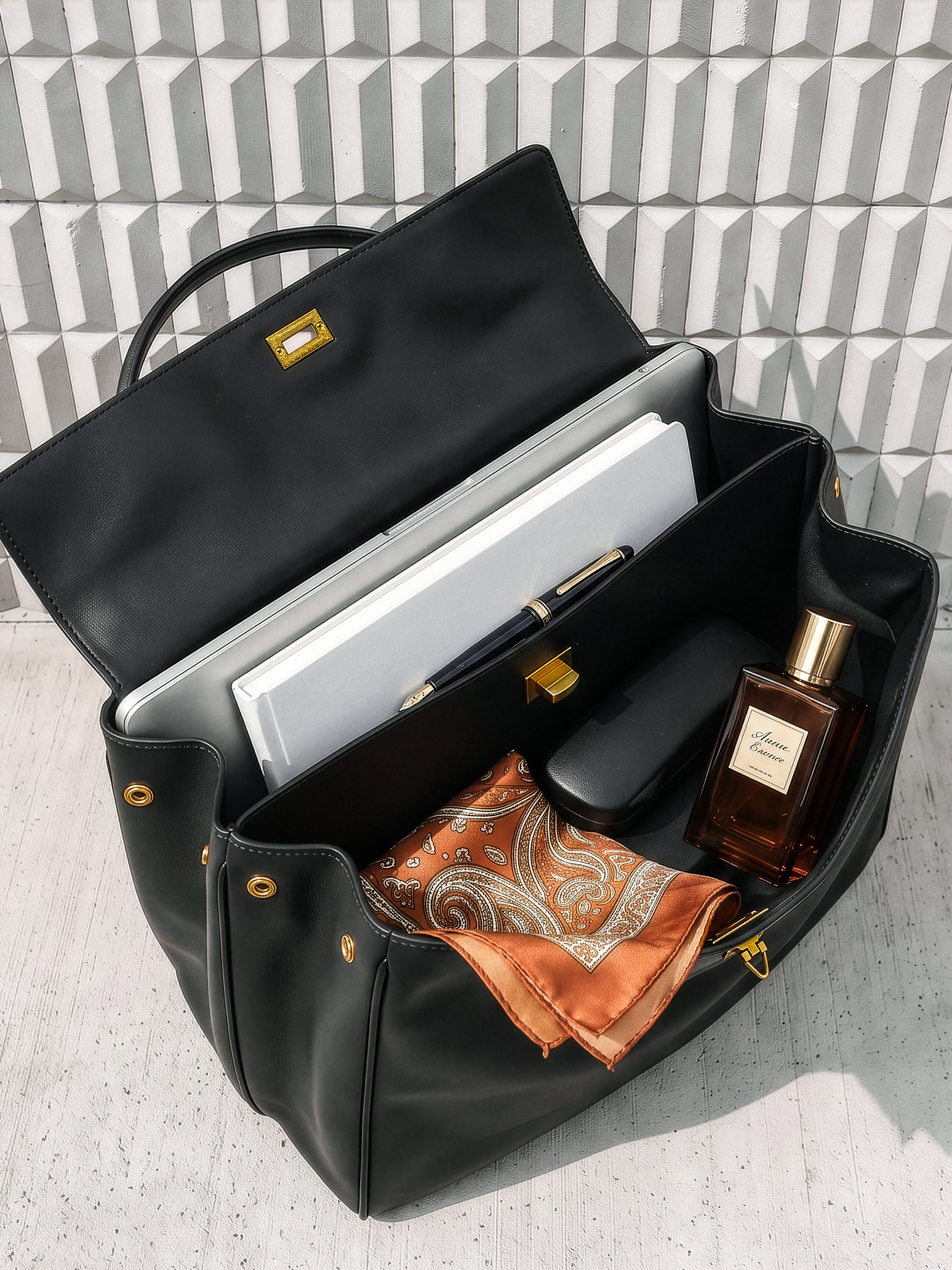 Soluta Black Leather Top Handle Bag