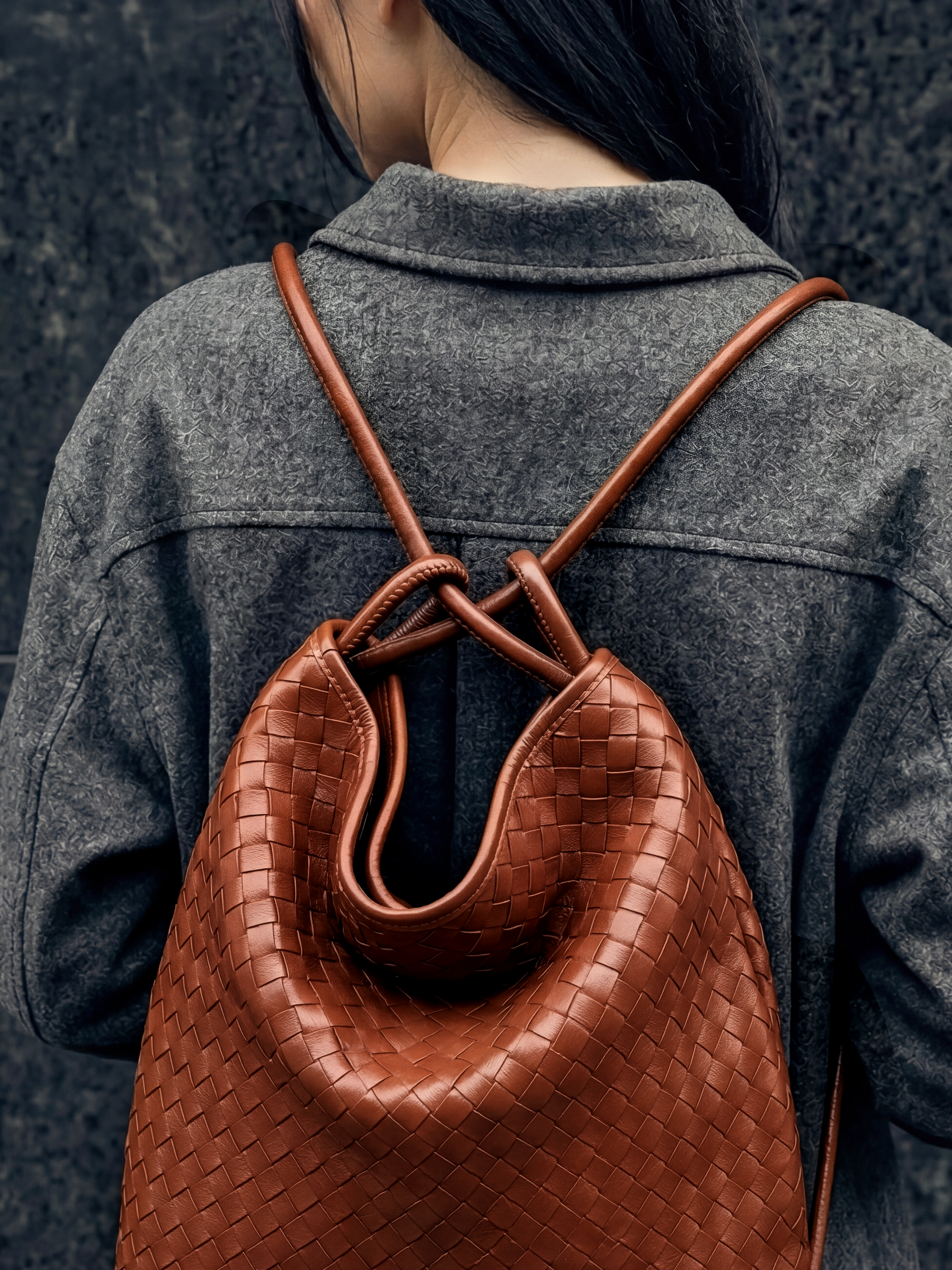 Mini Versa Caramel Woven Convertible Leather Tote
