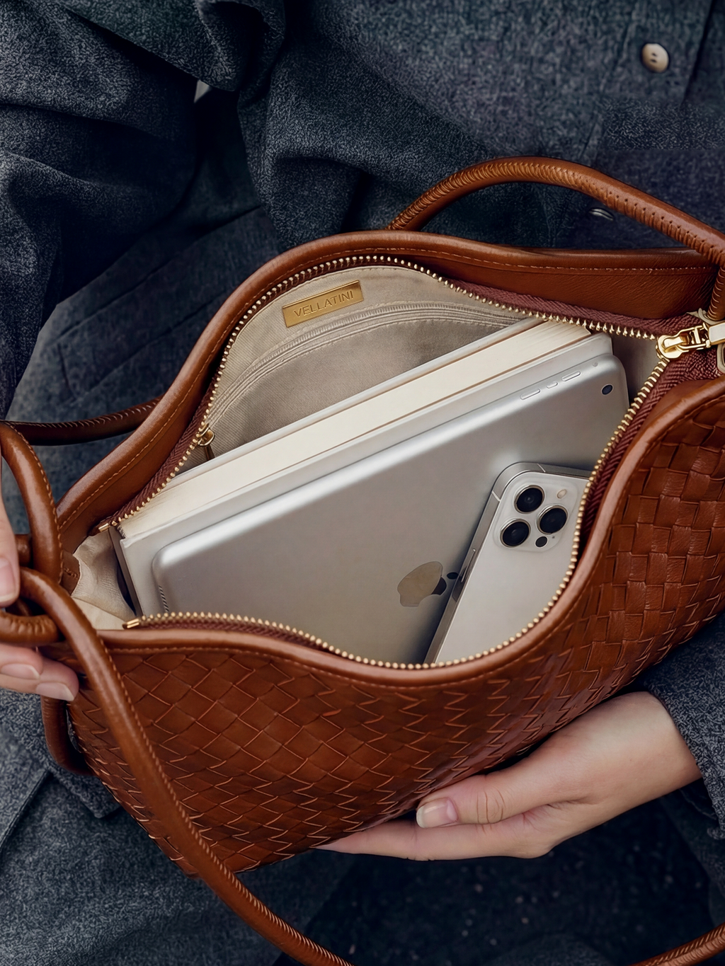 Mini Versa Caramel Woven Convertible Leather Tote
