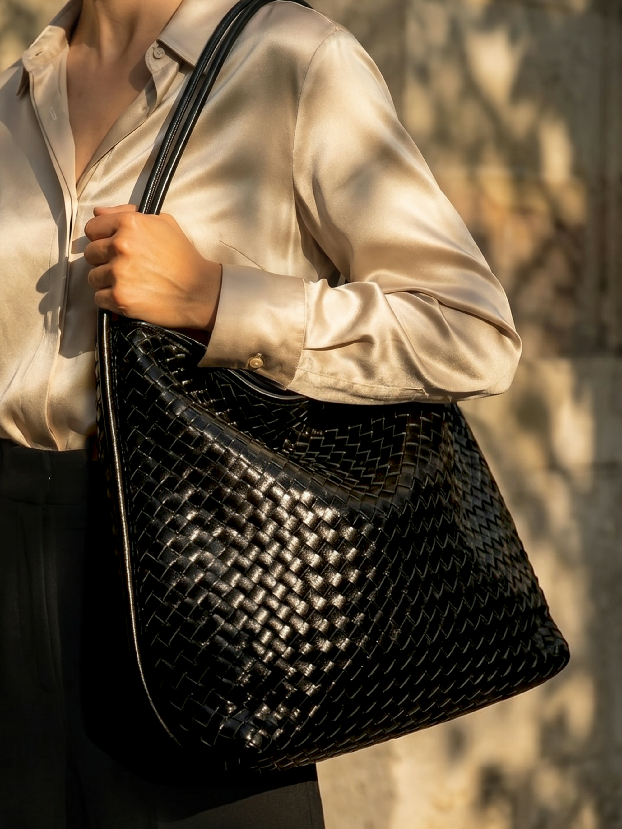 Versa Large Black Woven Convertible Leather Tote