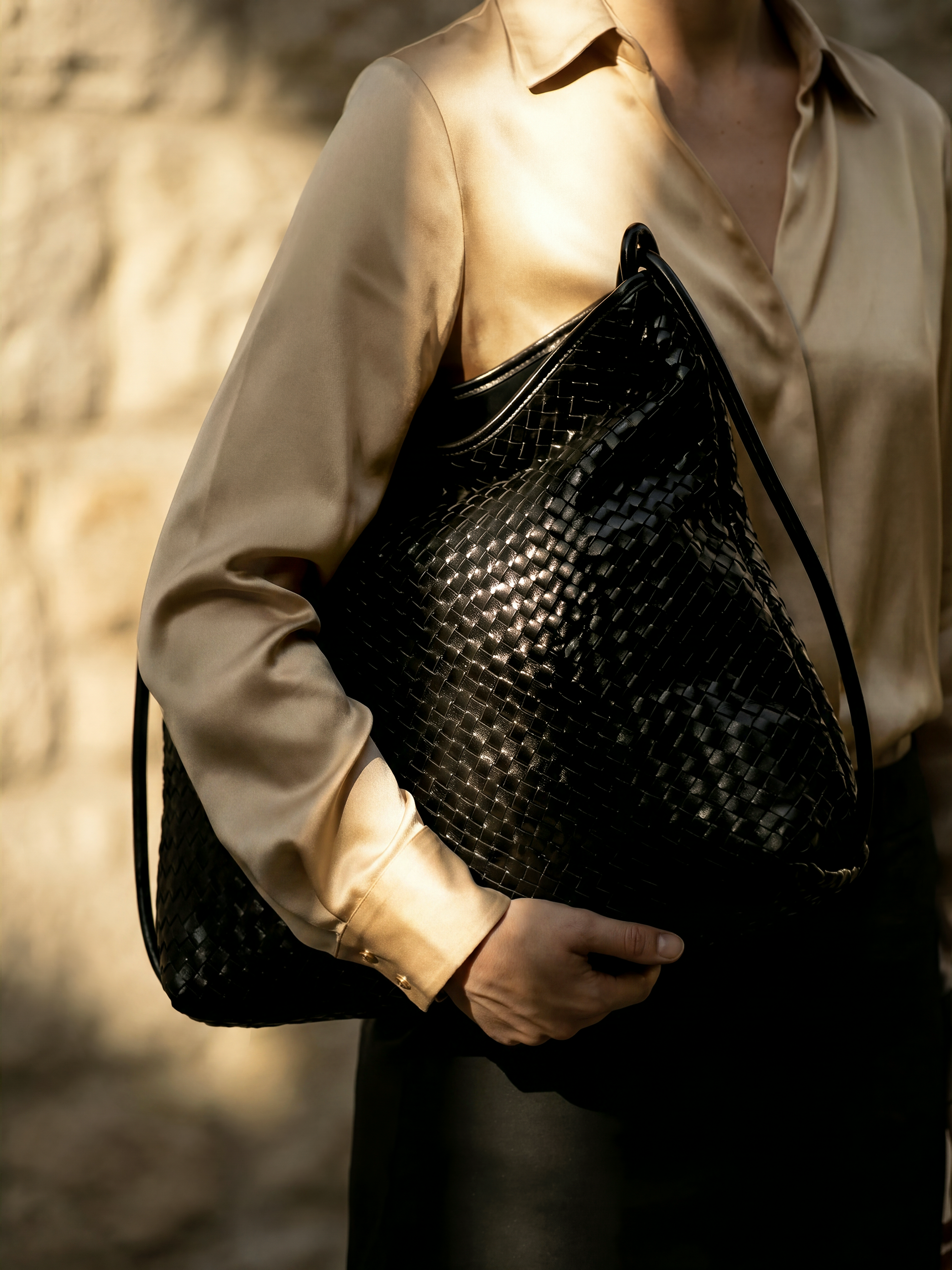 Versa Large Black Woven Convertible Leather Tote