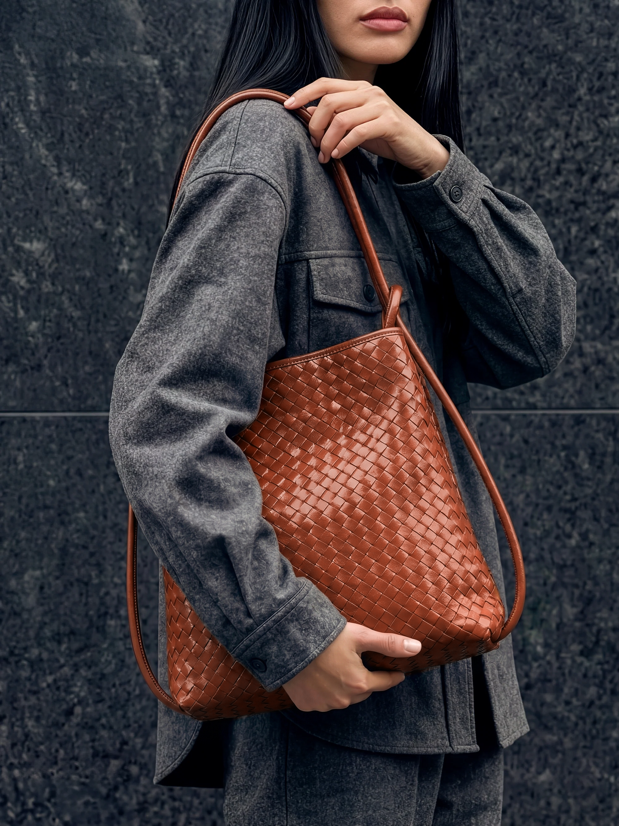Mini Versa Caramel Woven Convertible Leather Tote