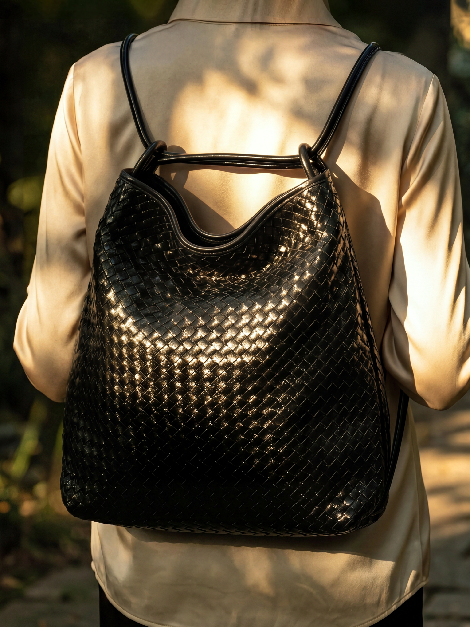 Versa Large Black Woven Convertible Leather Tote