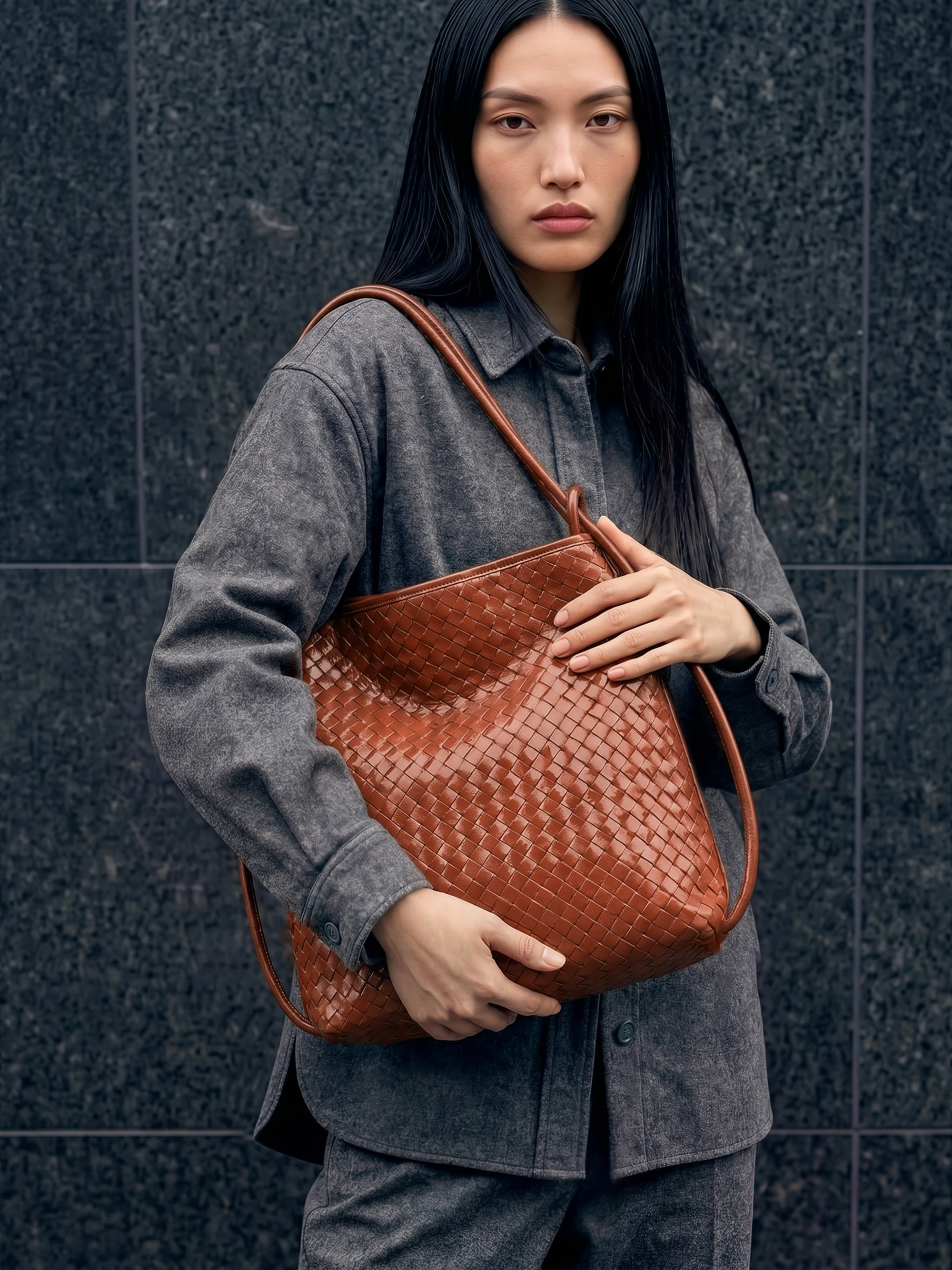 Mini Versa Caramel Woven Convertible Leather Tote