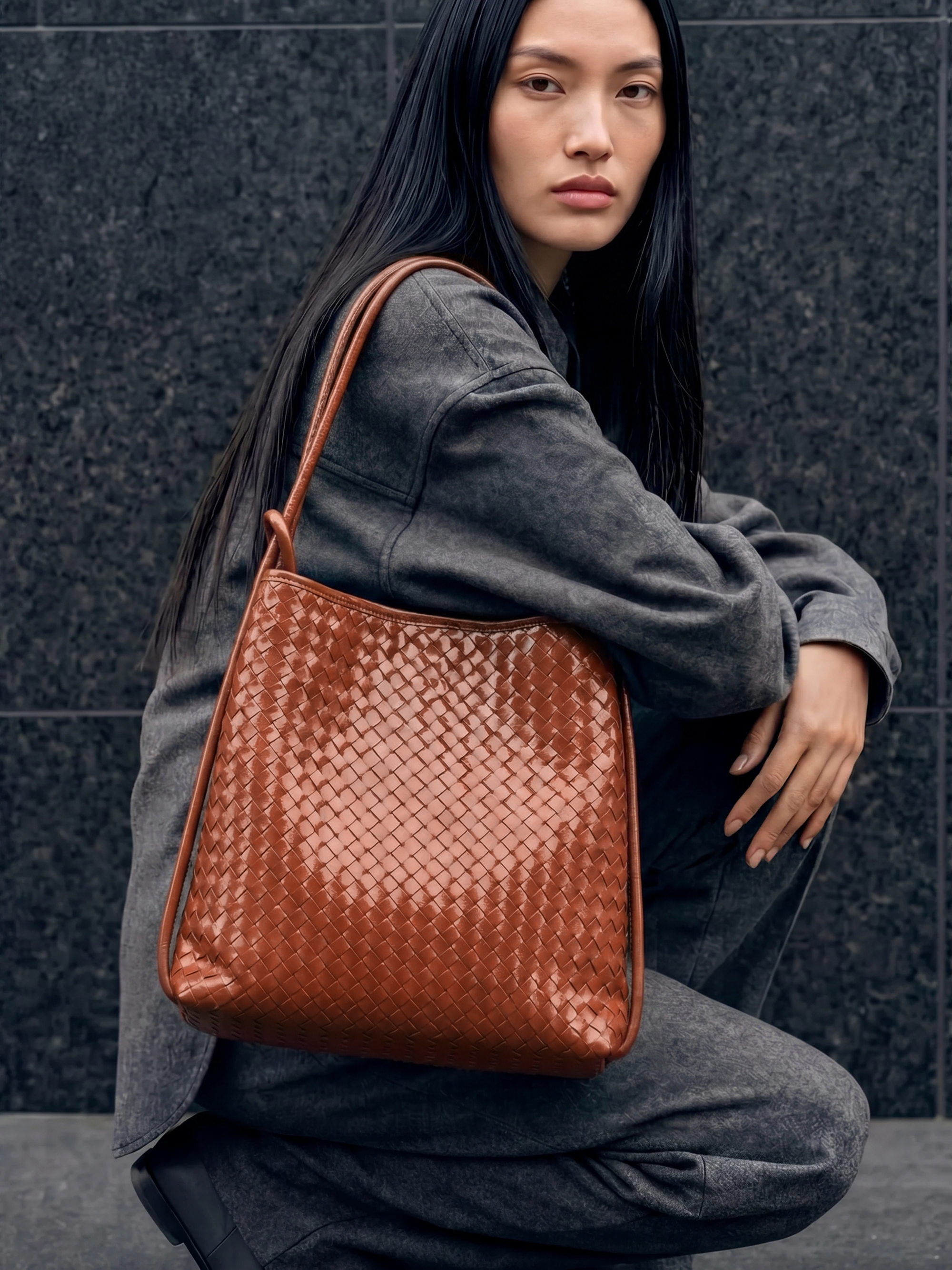 Mini Versa Caramel Woven Convertible Leather Tote