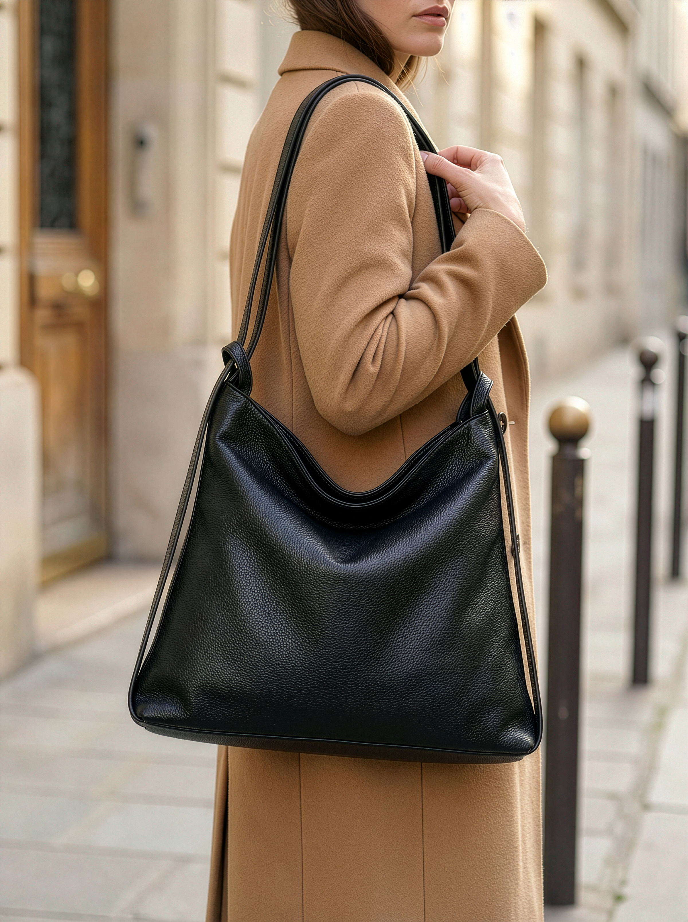 Versa Black Convertible Leather Tote