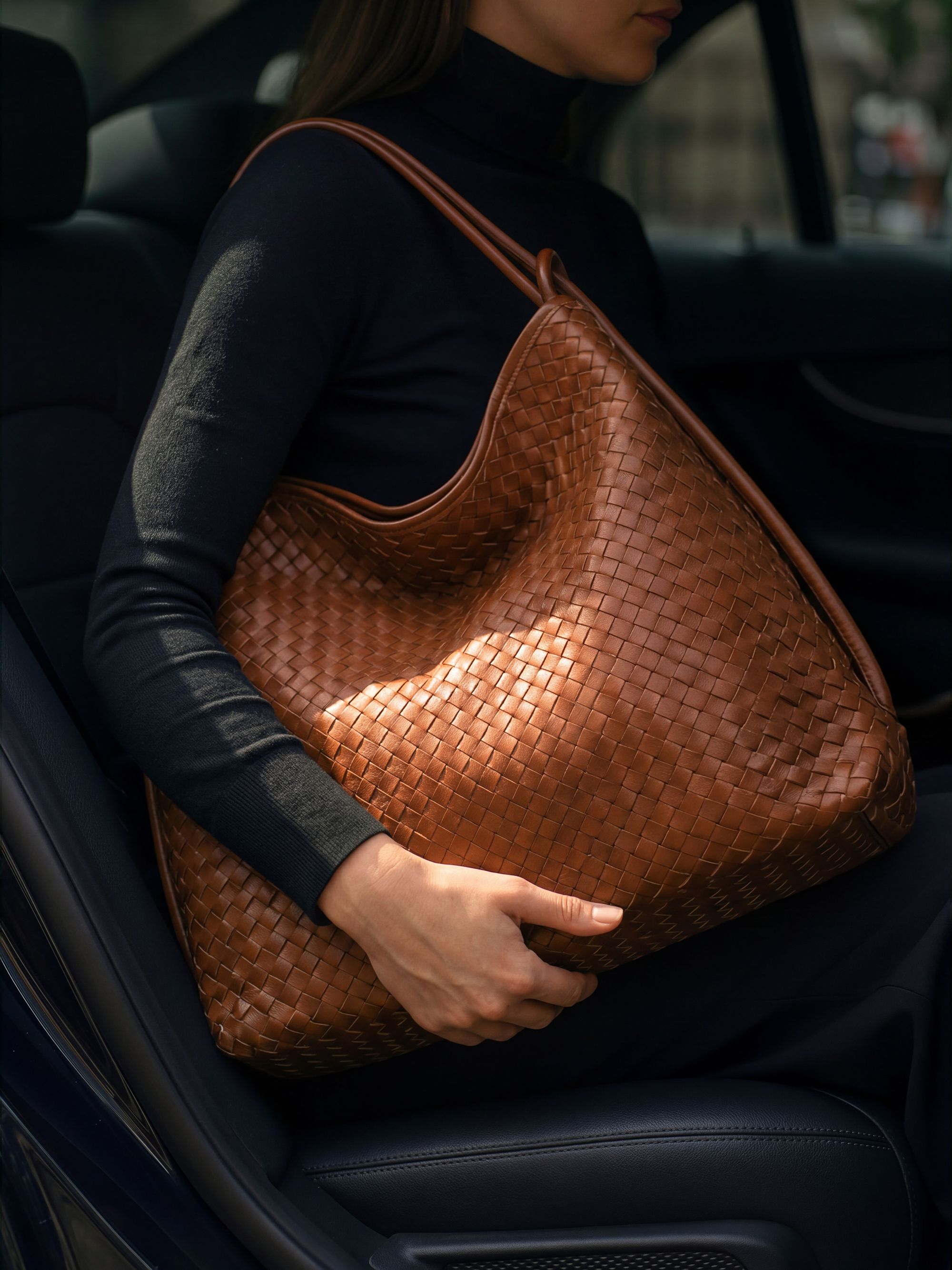 Versa Large Caramel Woven Convertible Leather Tote
