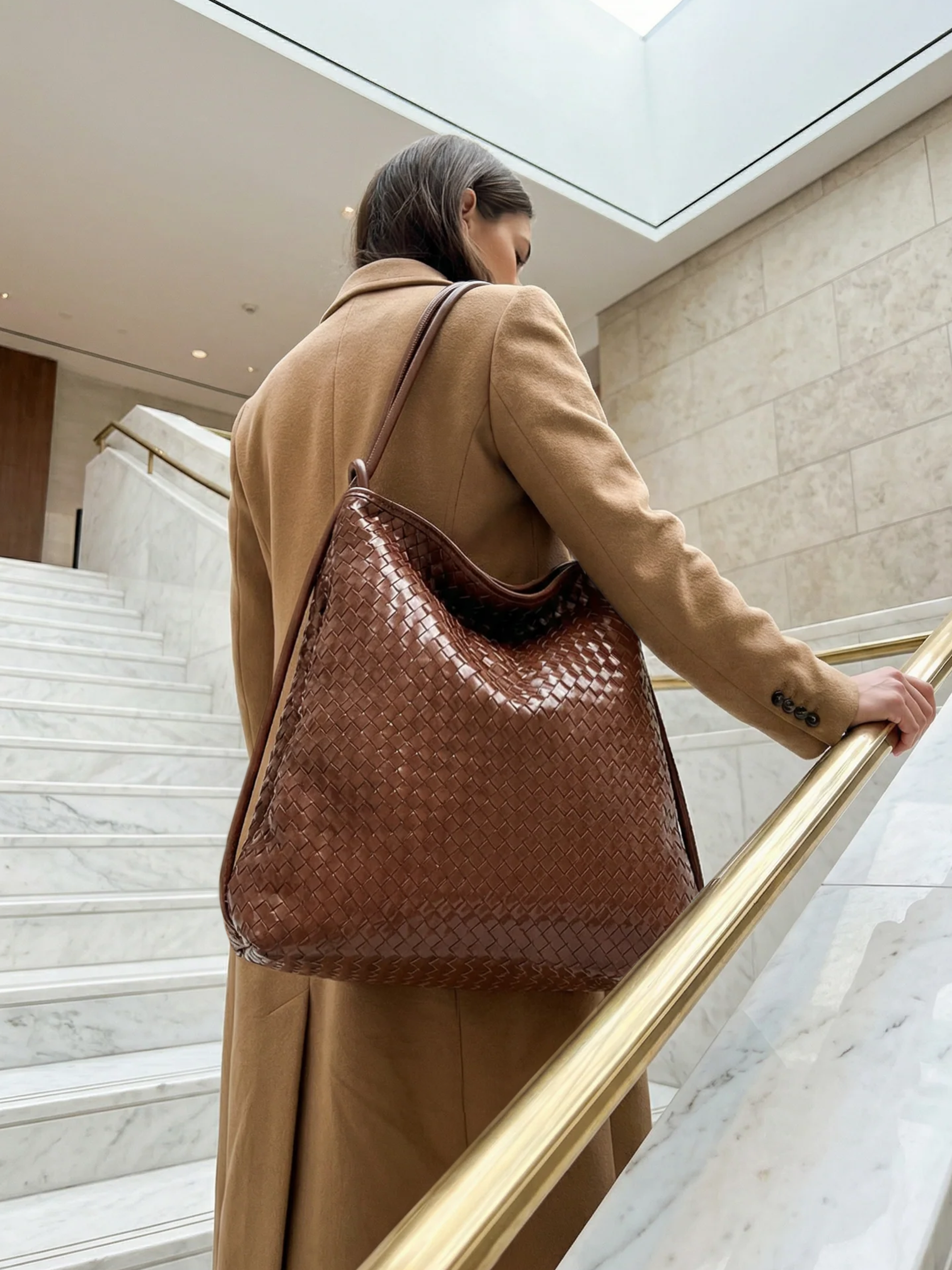 Versa Large Caramel Woven Convertible Leather Tote