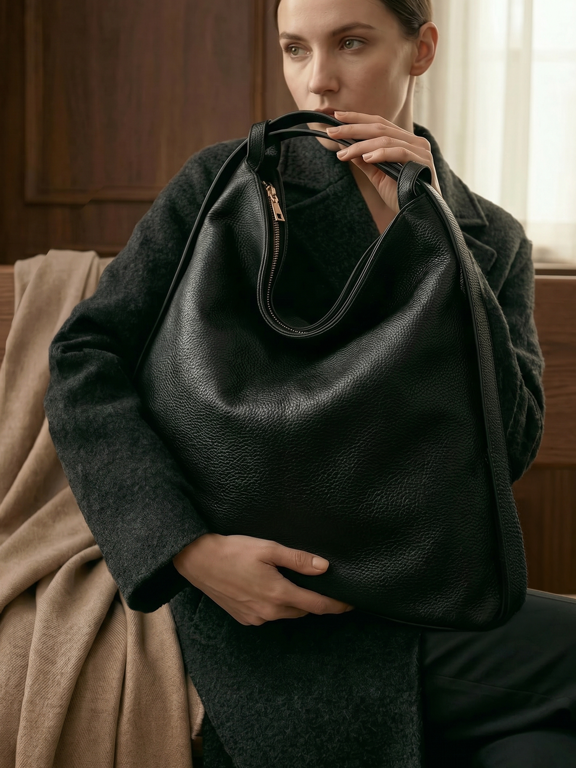 Versa Large Black Convertible Leather Tote