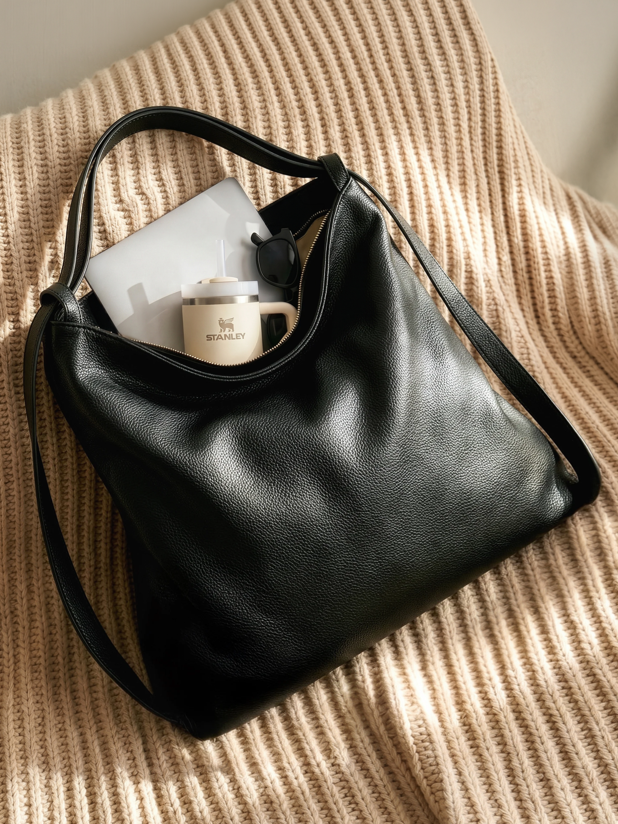 Versa Large Black Convertible Leather Tote
