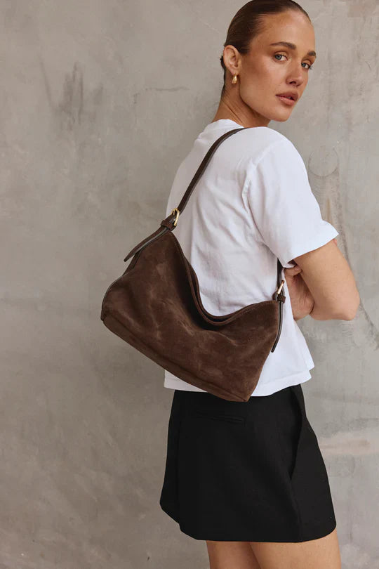 Pre order: Eden Dark Chocolate Suede Shoulder Bag