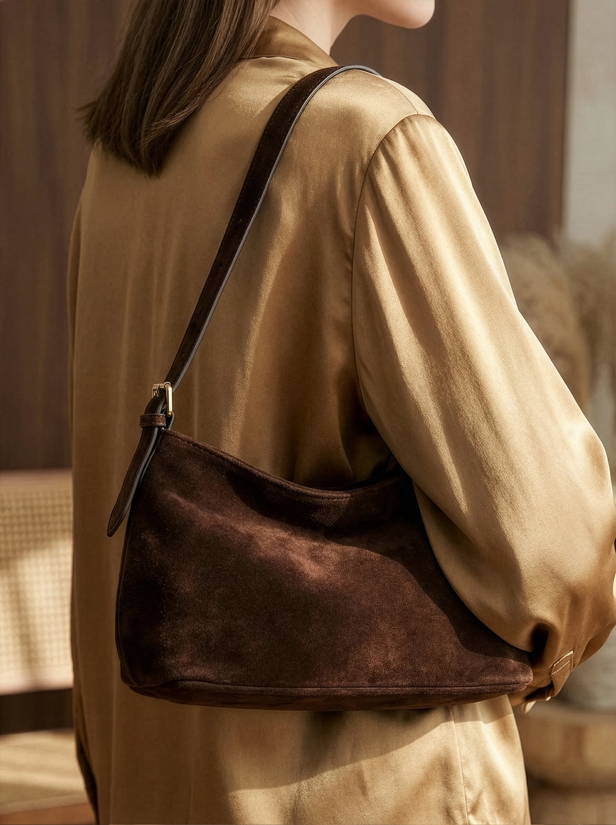 Alessa Dark Chocolate Suede Shoulder Bag