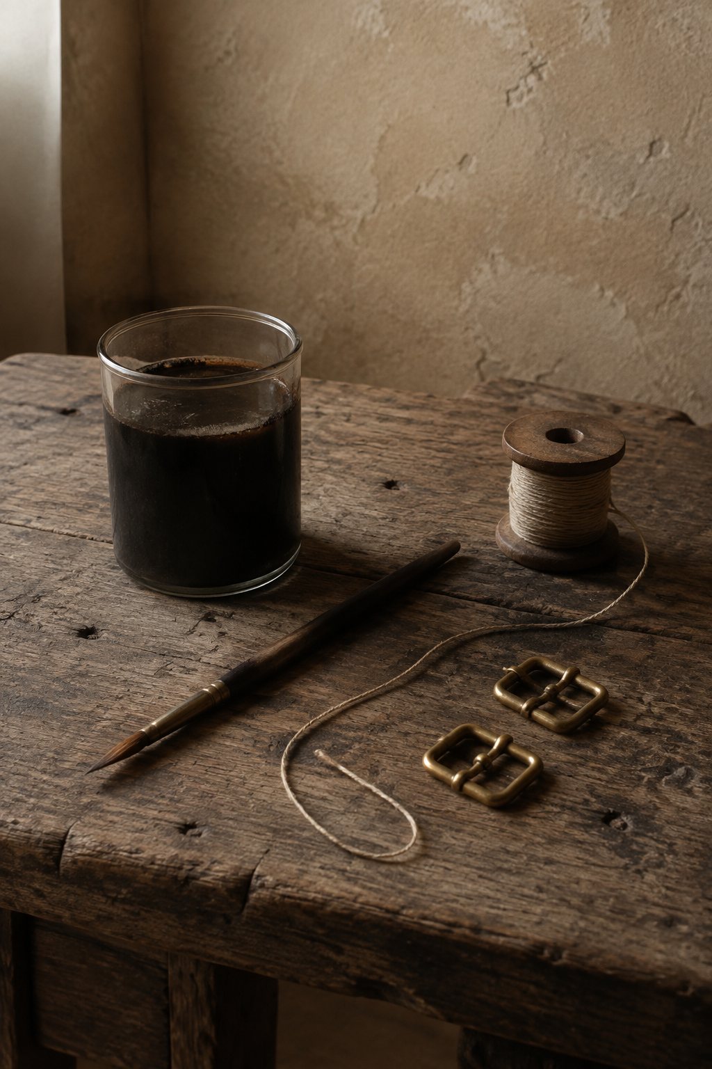 The finishing station — edge paint, brass, Como thread